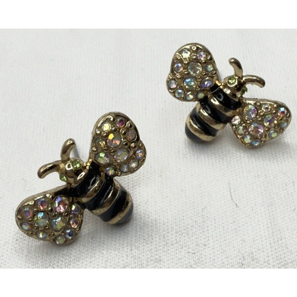 Betsey Johnson Bumble Bee Stud Earrings, Gold Tone, Pave Effect, Great Condition - Picture 1 of 7